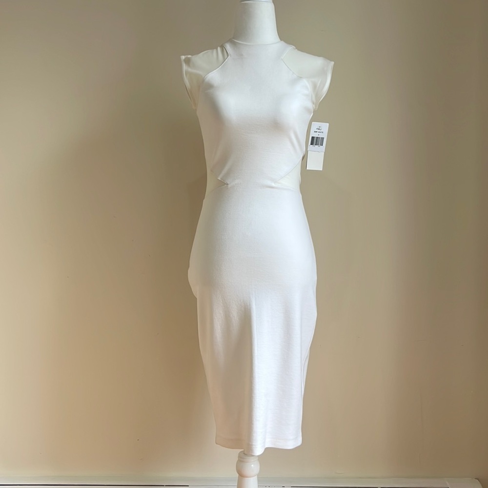 French Connection body con white midi dress. Sheer accent at shoulder, waist.
